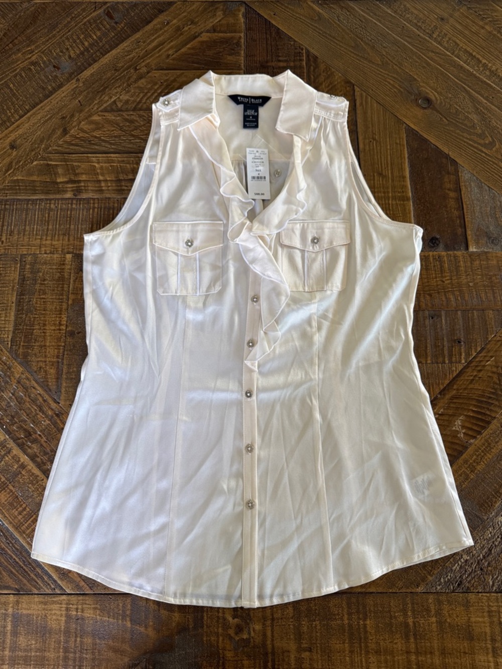 White House Black Market White Ruffle Front Sleeveless Blouse Button Down Top